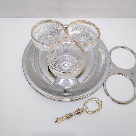 Kromex Stainless Steel Serving Caddy Three Glass Inserts Carry Handle Vintage - Picture 6 of 8